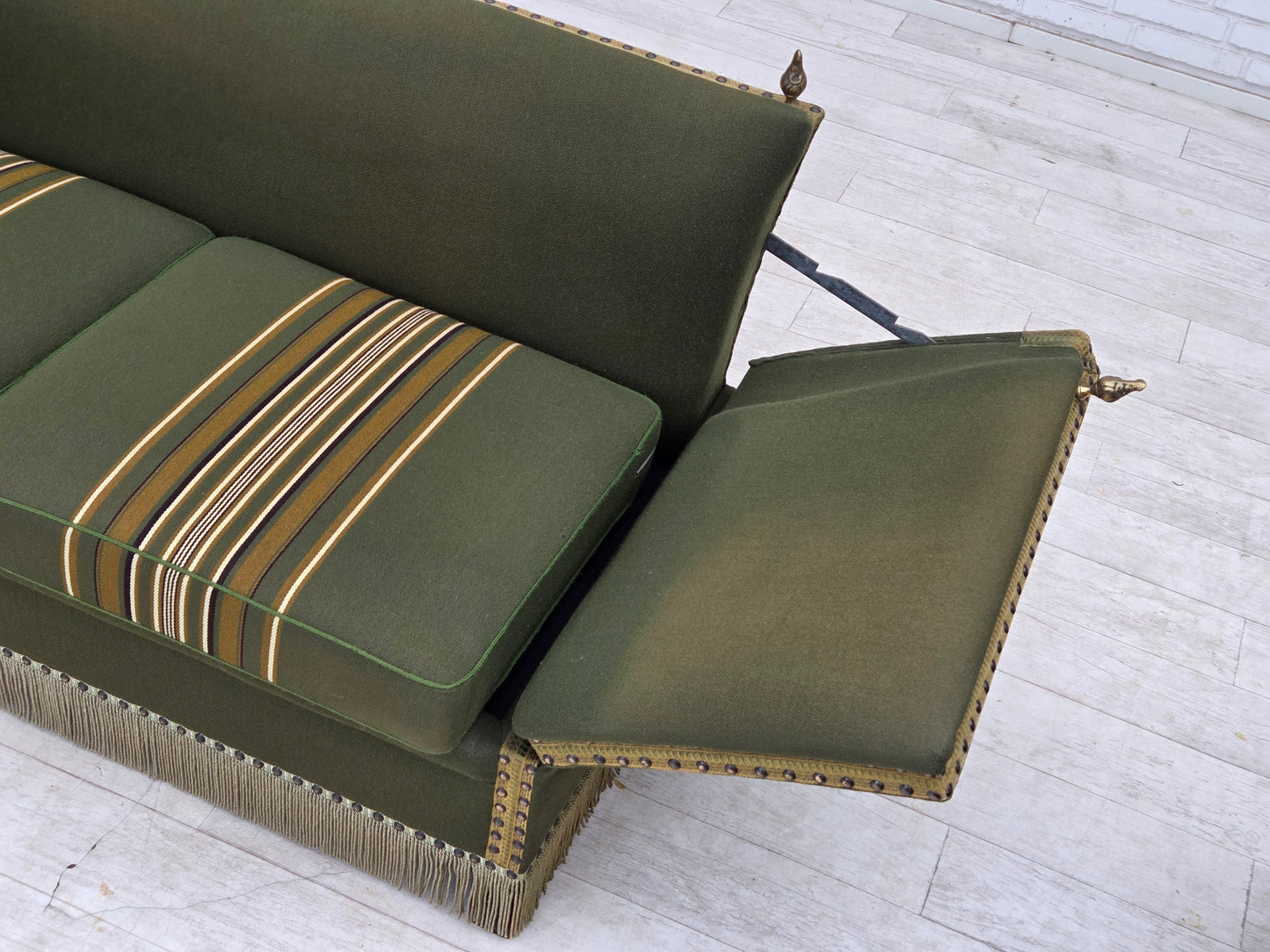 1970s, Danish 2-seater drop arm "Spanish" sofa, green furniture wool.