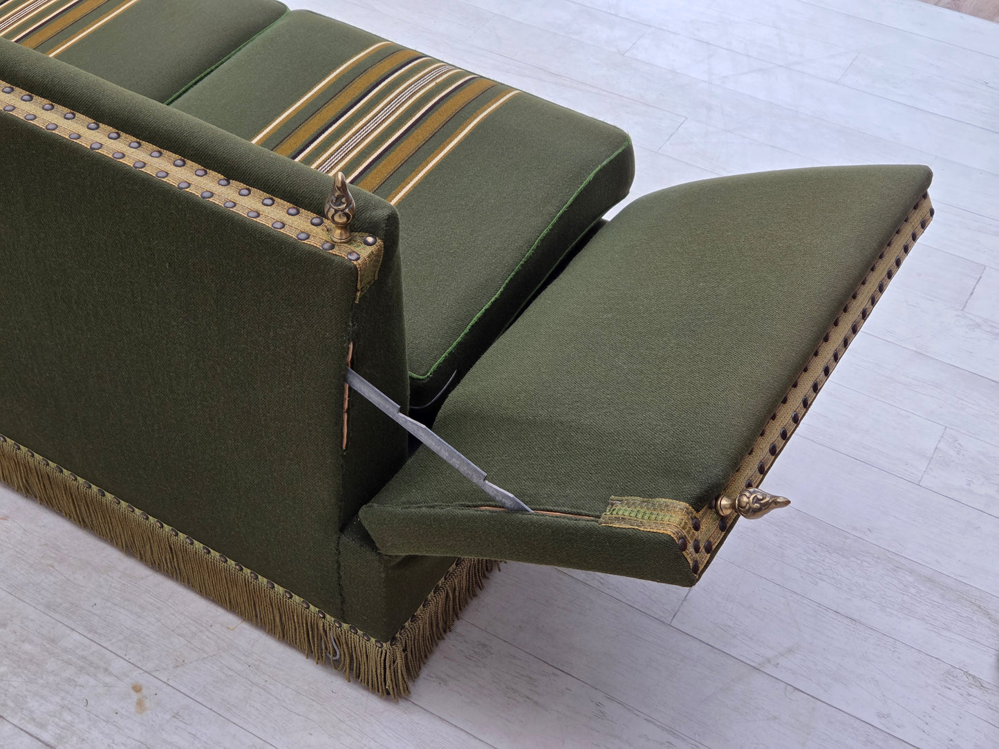 1970s, Danish 2-seater drop arm "Spanish" sofa, green furniture wool.
