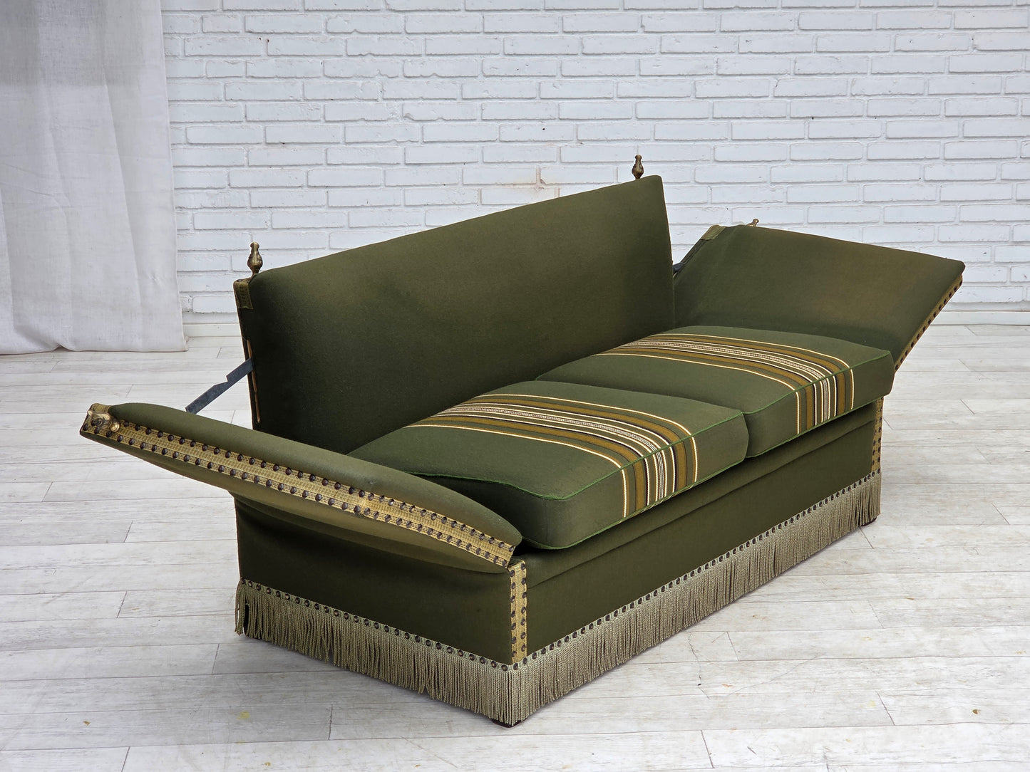 1970s, Danish 2-seater drop arm "Spanish" sofa, green furniture wool.