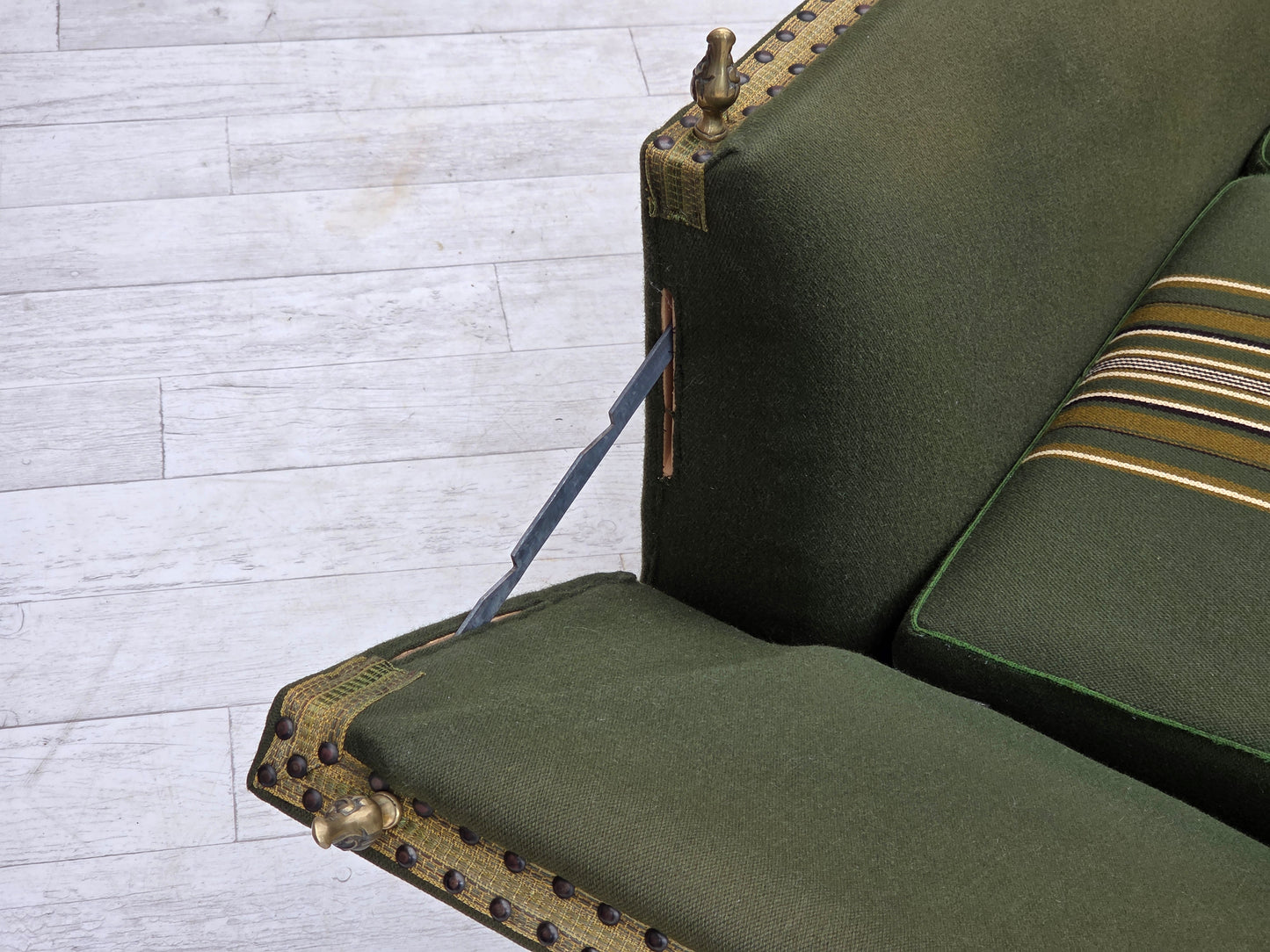 1970s, Danish 2-seater drop arm "Spanish" sofa, green furniture wool.