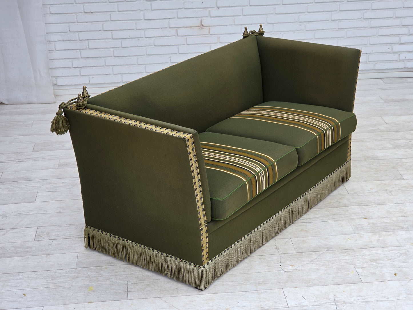 1970s, Danish 2-seater drop arm "Spanish" sofa, green furniture wool.