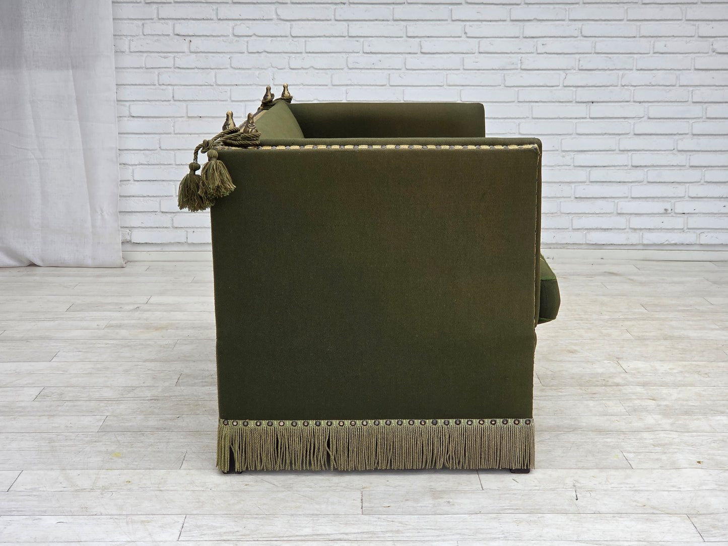 1970s, Danish 2-seater drop arm "Spanish" sofa, green furniture wool.