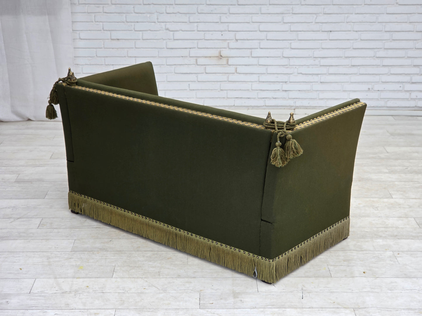 1970s, Danish 2-seater drop arm "Spanish" sofa, green furniture wool.