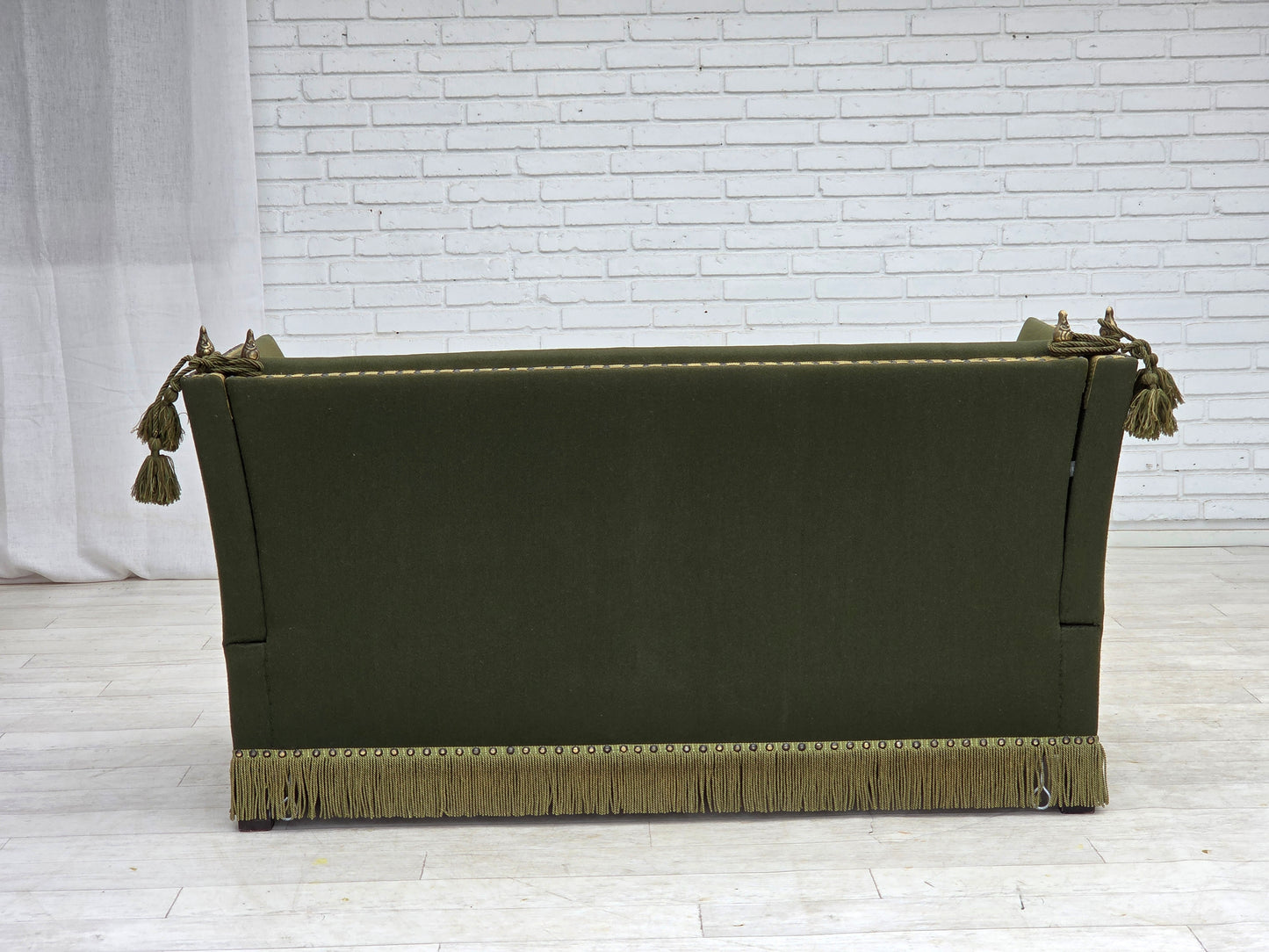 1970s, Danish 2-seater drop arm "Spanish" sofa, green furniture wool.