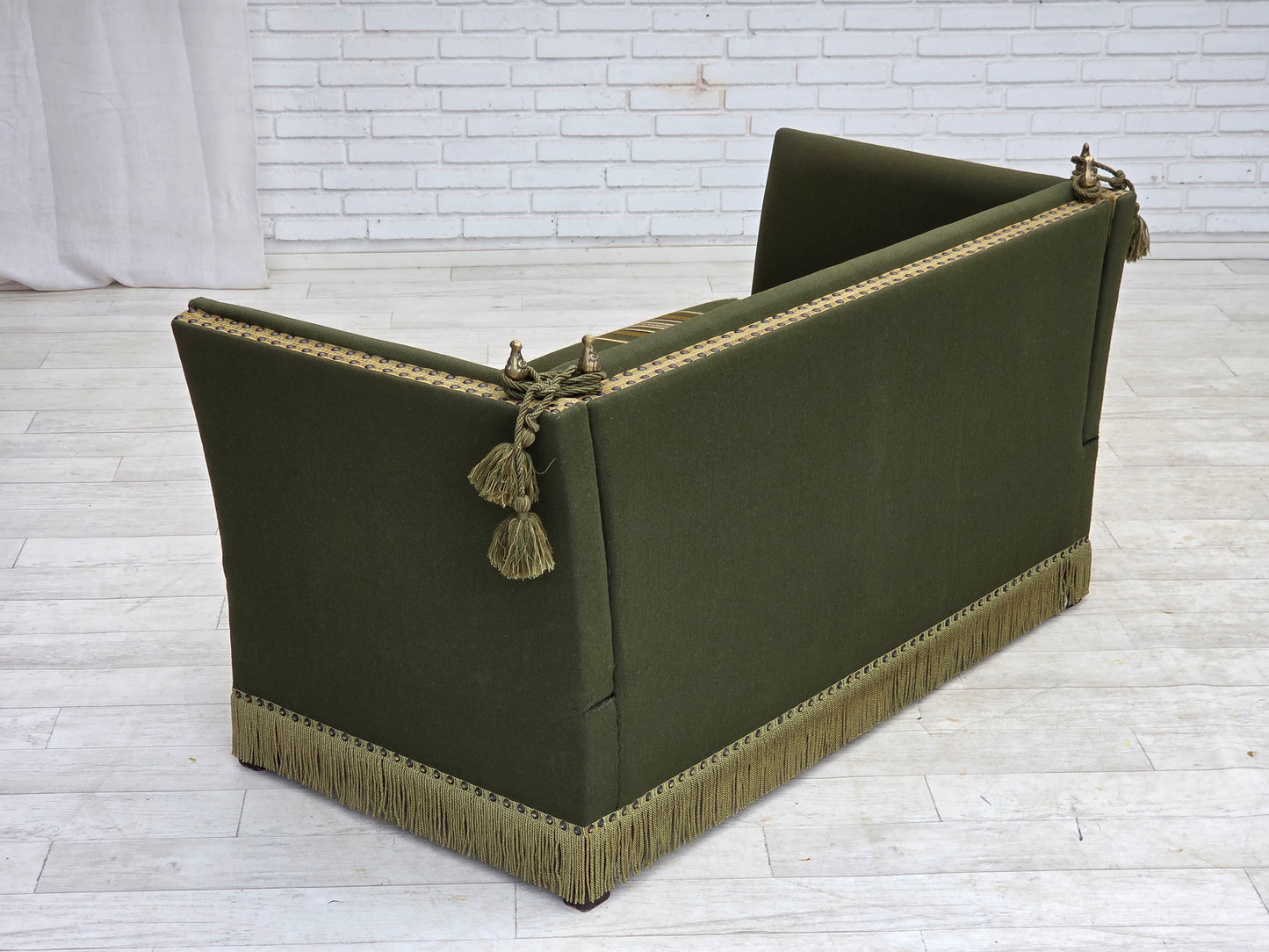 1970s, Danish 2-seater drop arm "Spanish" sofa, green furniture wool.