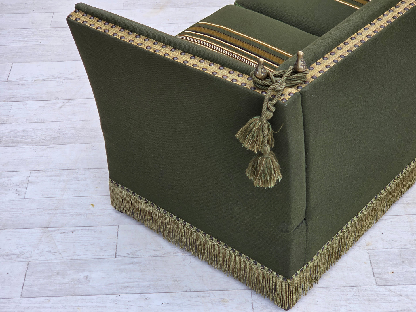 1970s, Danish 2-seater drop arm "Spanish" sofa, green furniture wool.