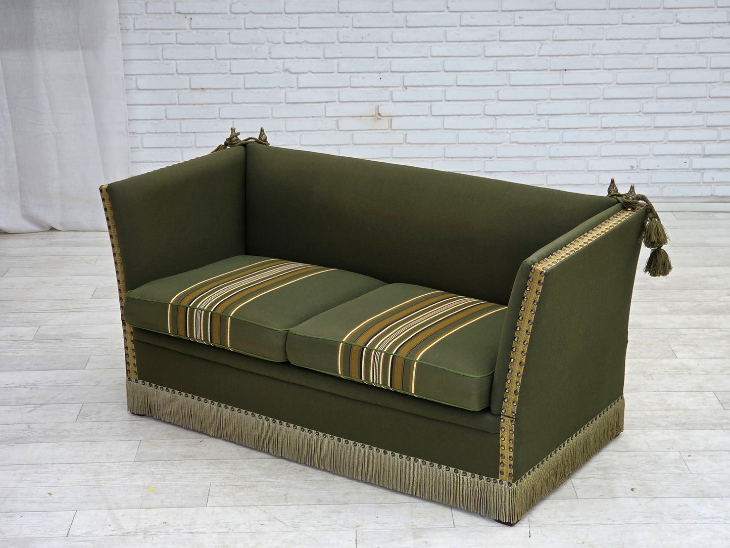 1970s, Danish 2-seater drop arm "Spanish" sofa, green furniture wool.