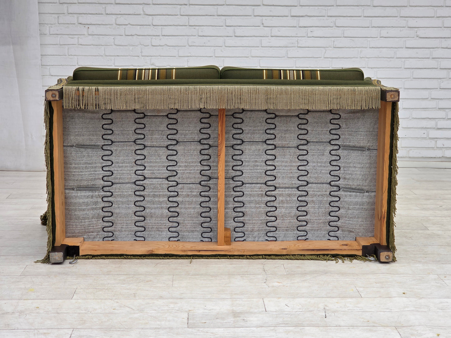 1970s, Danish 2-seater drop arm "Spanish" sofa, green furniture wool.