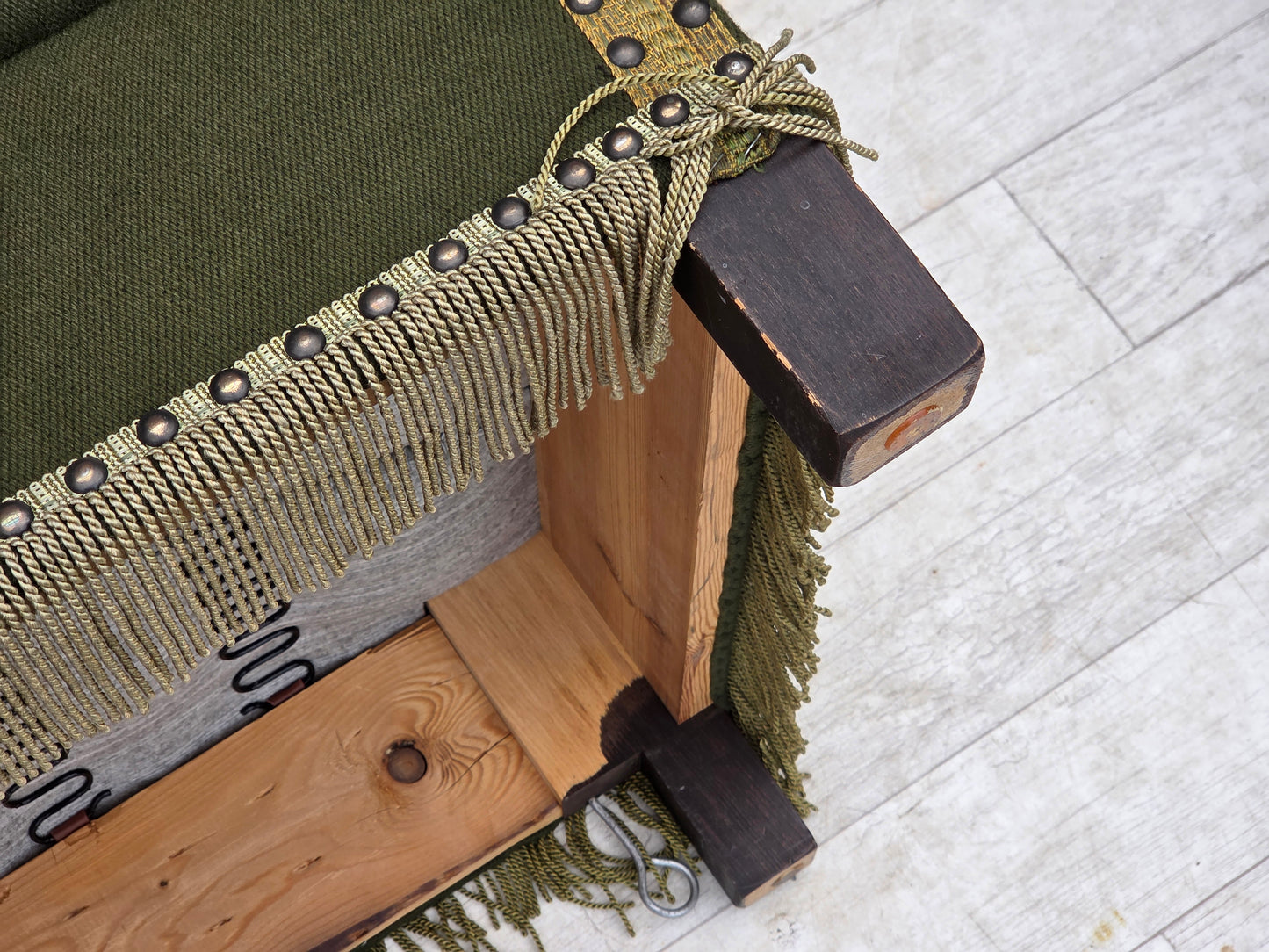 1970s, Danish 2-seater drop arm "Spanish" sofa, green furniture wool.
