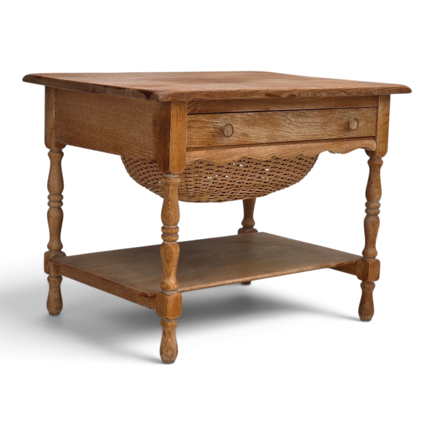 1970s, Scandinavian side table with drawers, solid oak wood, rattan.