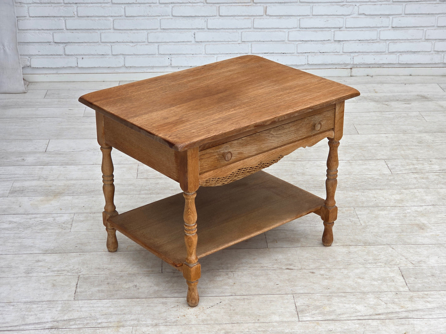 1970s, Scandinavian side table with drawers, solid oak wood, rattan.