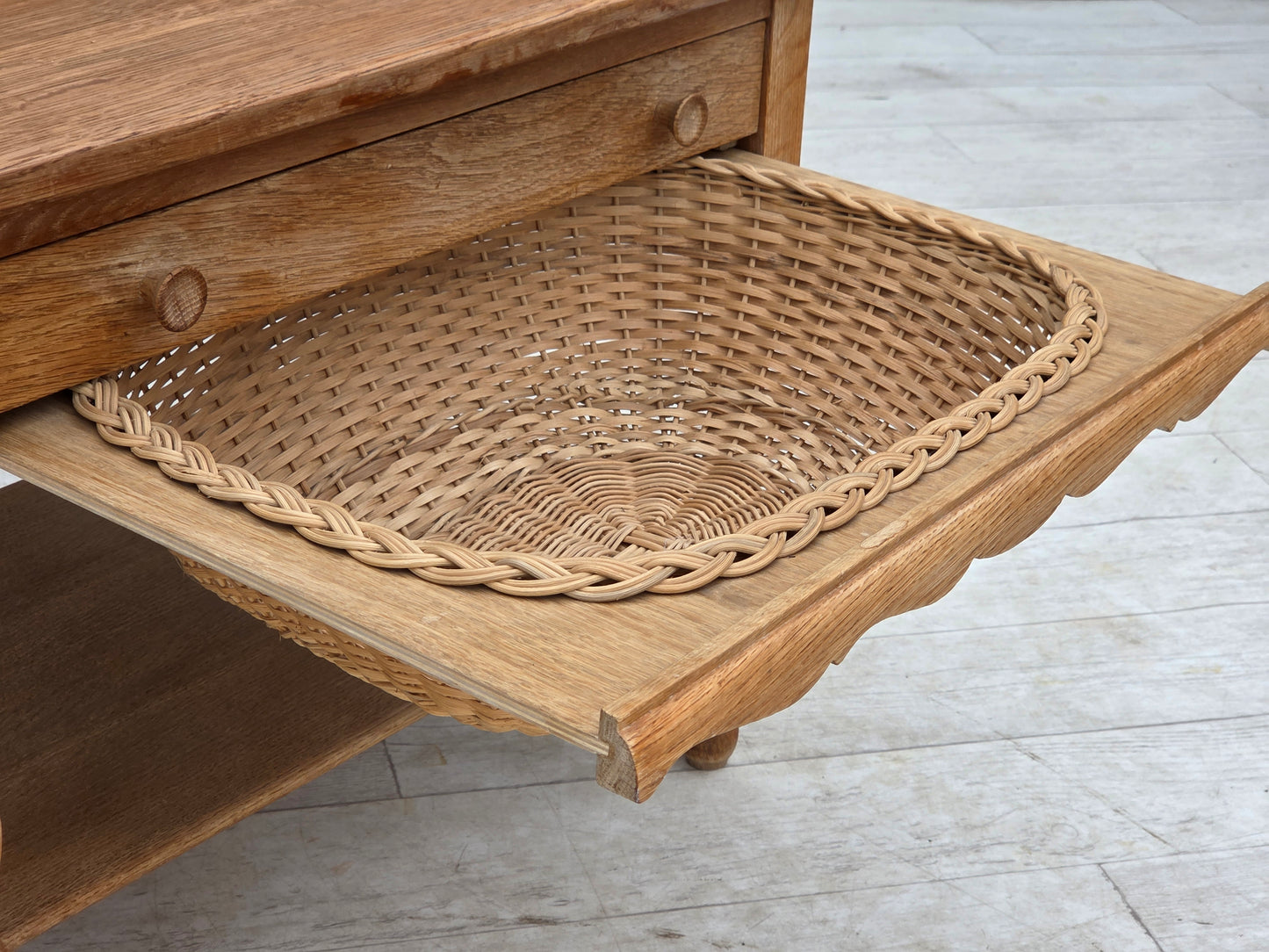 1970s, Scandinavian side table with drawers, solid oak wood, rattan.