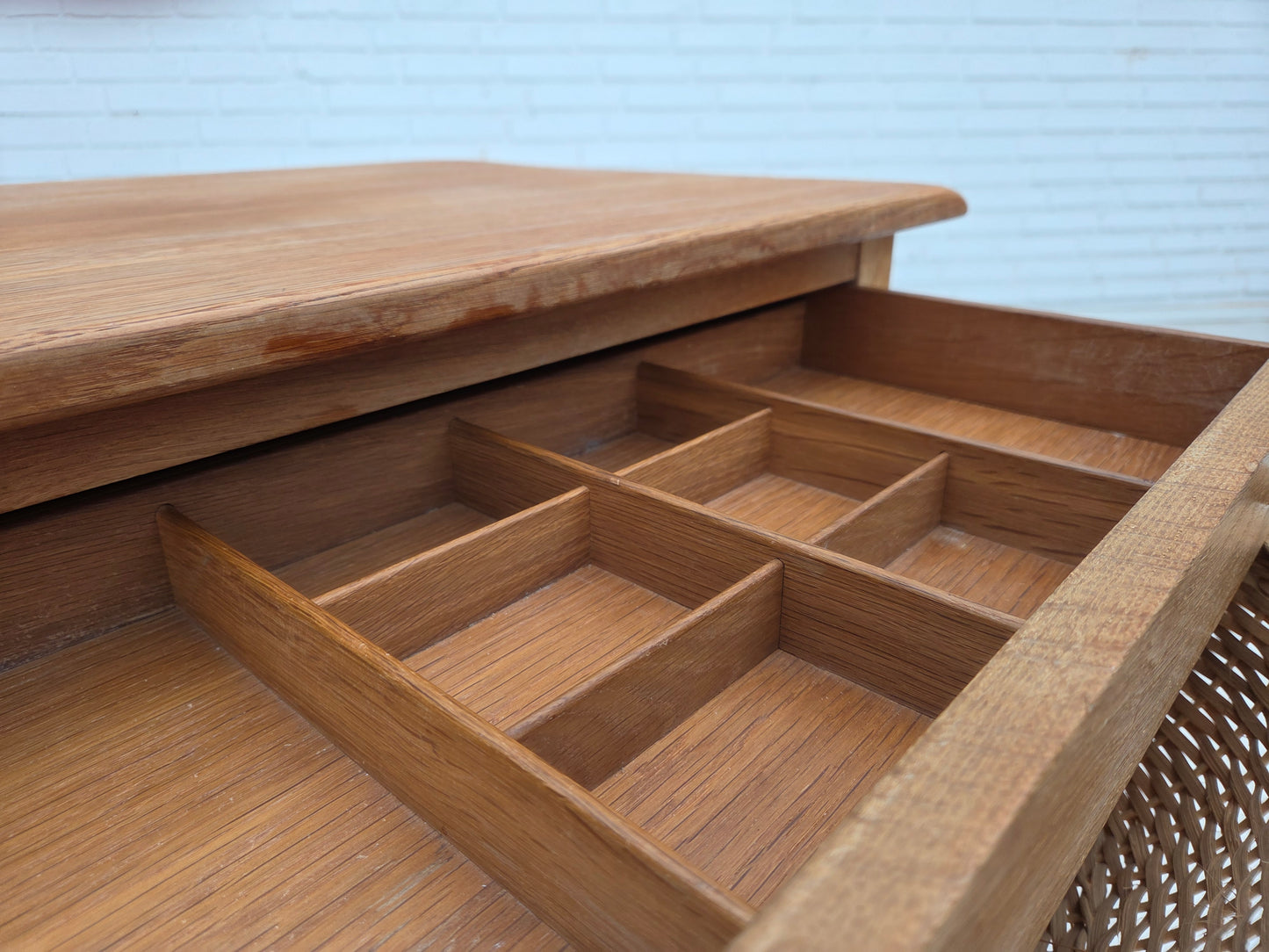 1970s, Scandinavian side table with drawers, solid oak wood, rattan.