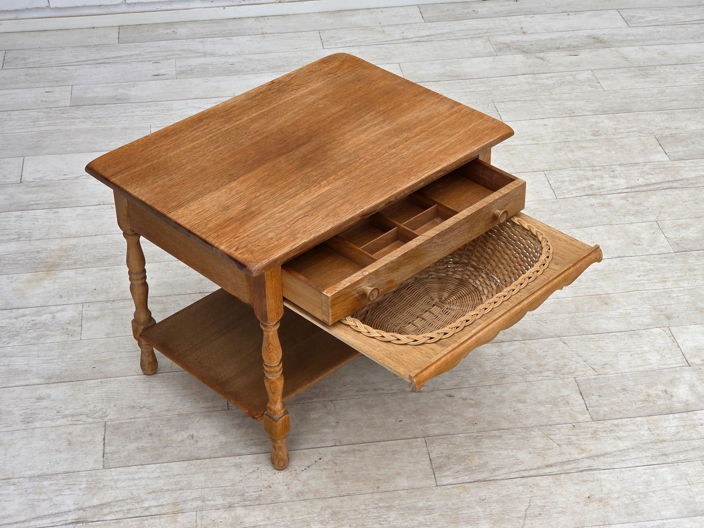 1970s, Scandinavian side table with drawers, solid oak wood, rattan.