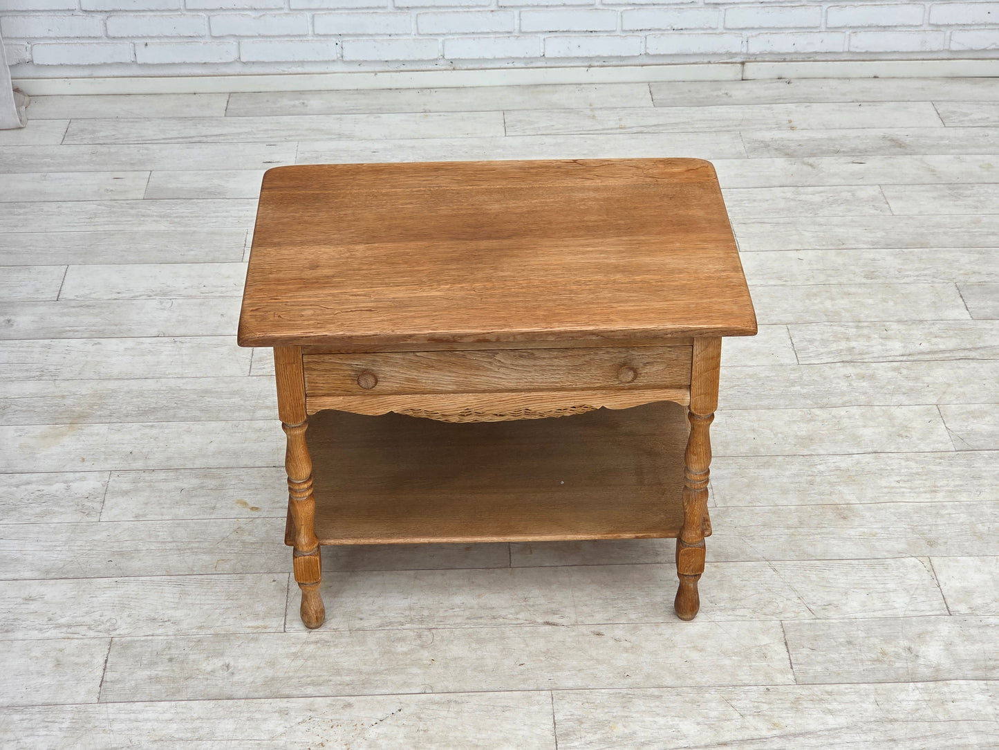 1970s, Scandinavian side table with drawers, solid oak wood, rattan.