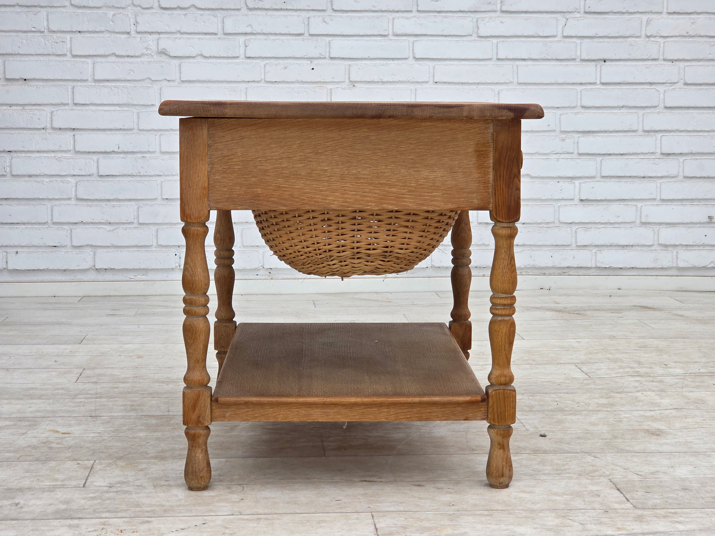 1970s, Scandinavian side table with drawers, solid oak wood, rattan.