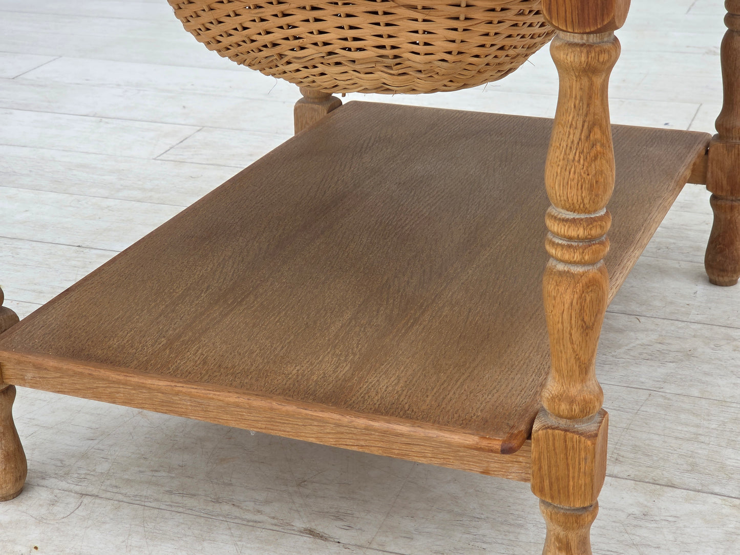 1970s, Scandinavian side table with drawers, solid oak wood, rattan.