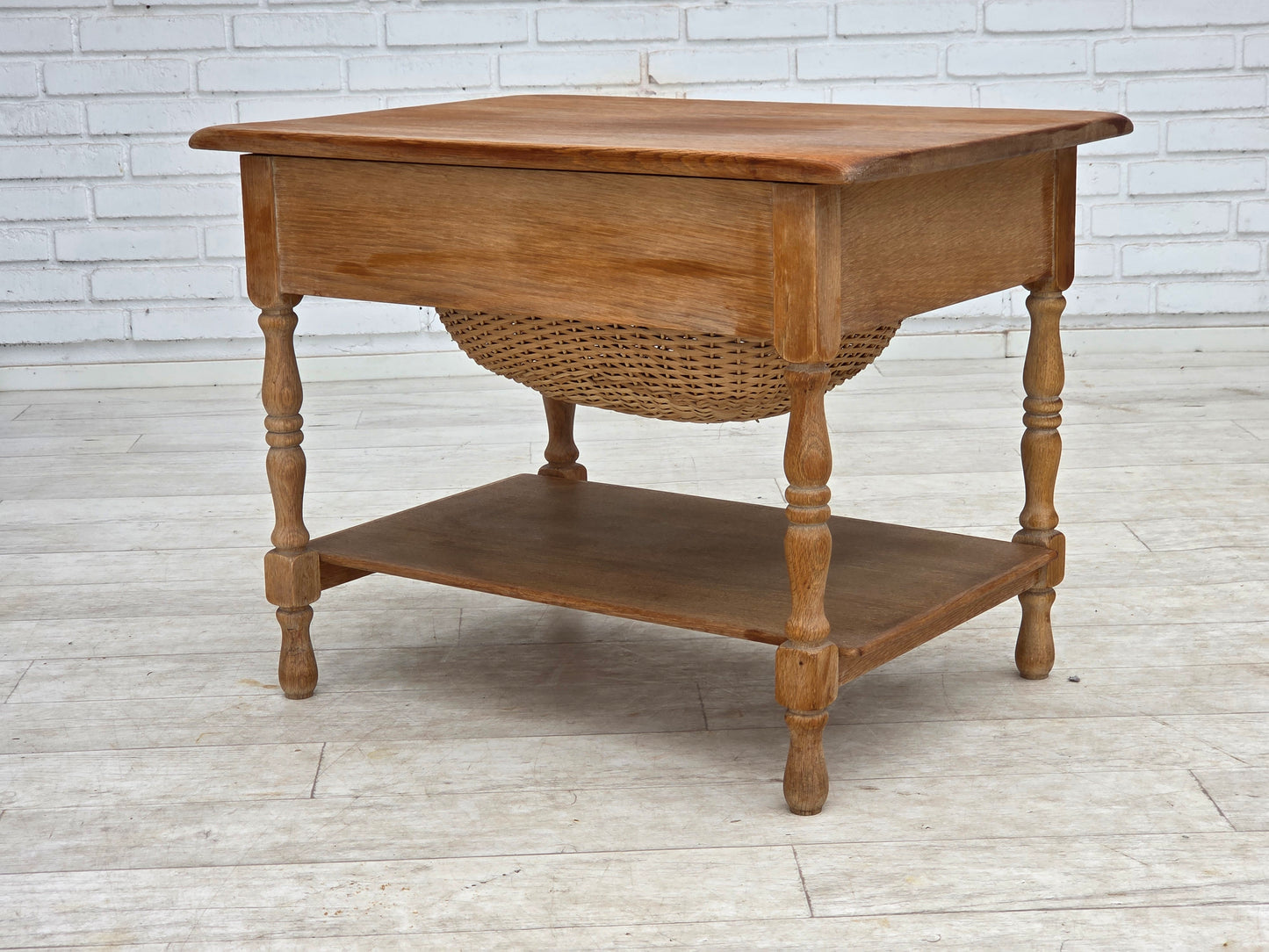 1970s, Scandinavian side table with drawers, solid oak wood, rattan.