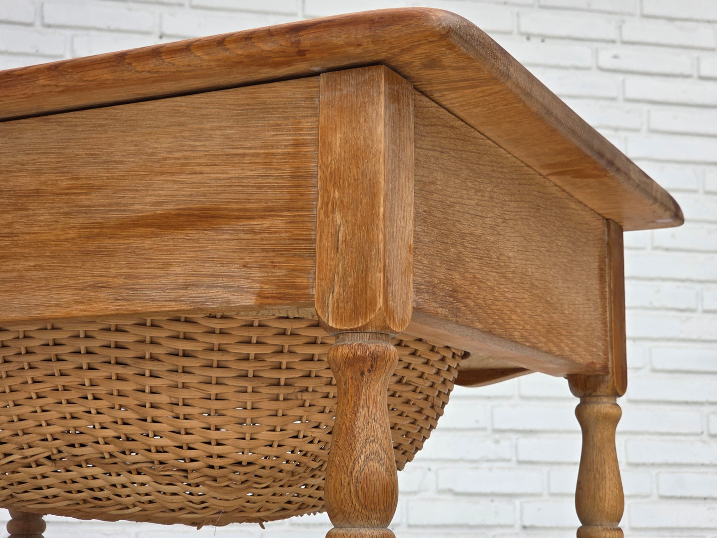 1970s, Scandinavian side table with drawers, solid oak wood, rattan.