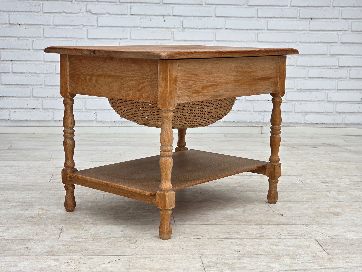 1970s, Scandinavian side table with drawers, solid oak wood, rattan.