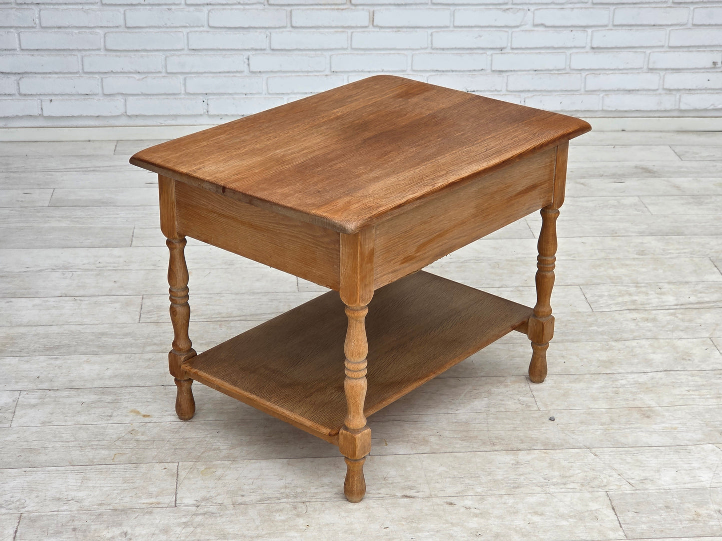 1970s, Scandinavian side table with drawers, solid oak wood, rattan.