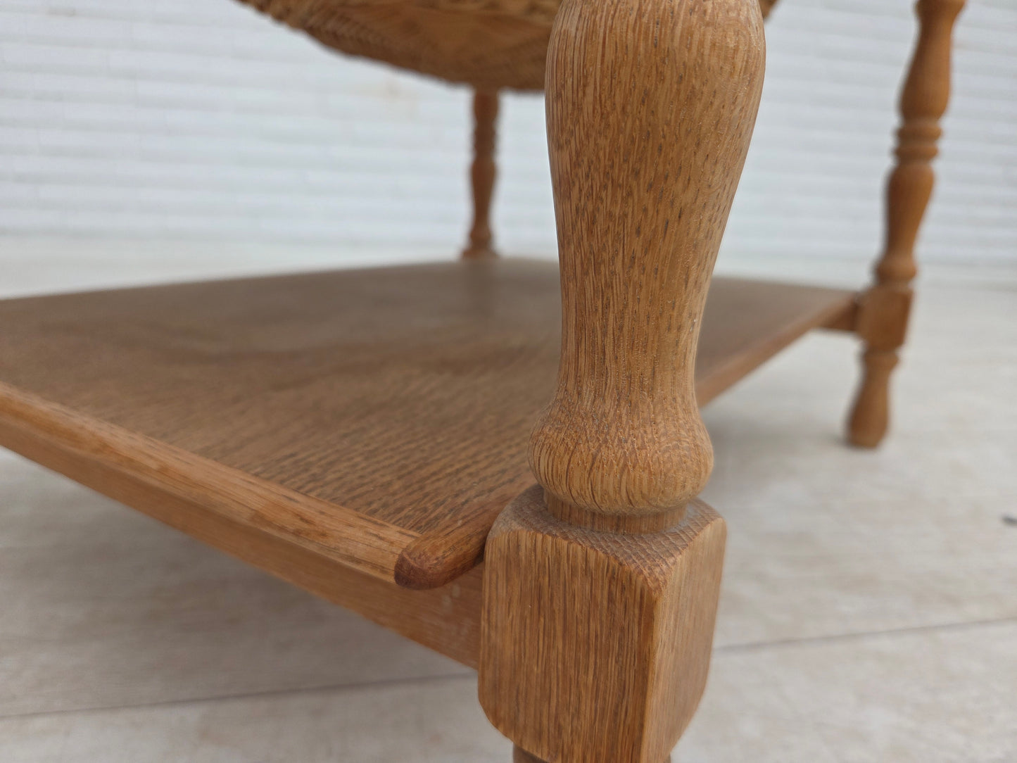 1970s, Scandinavian side table with drawers, solid oak wood, rattan.