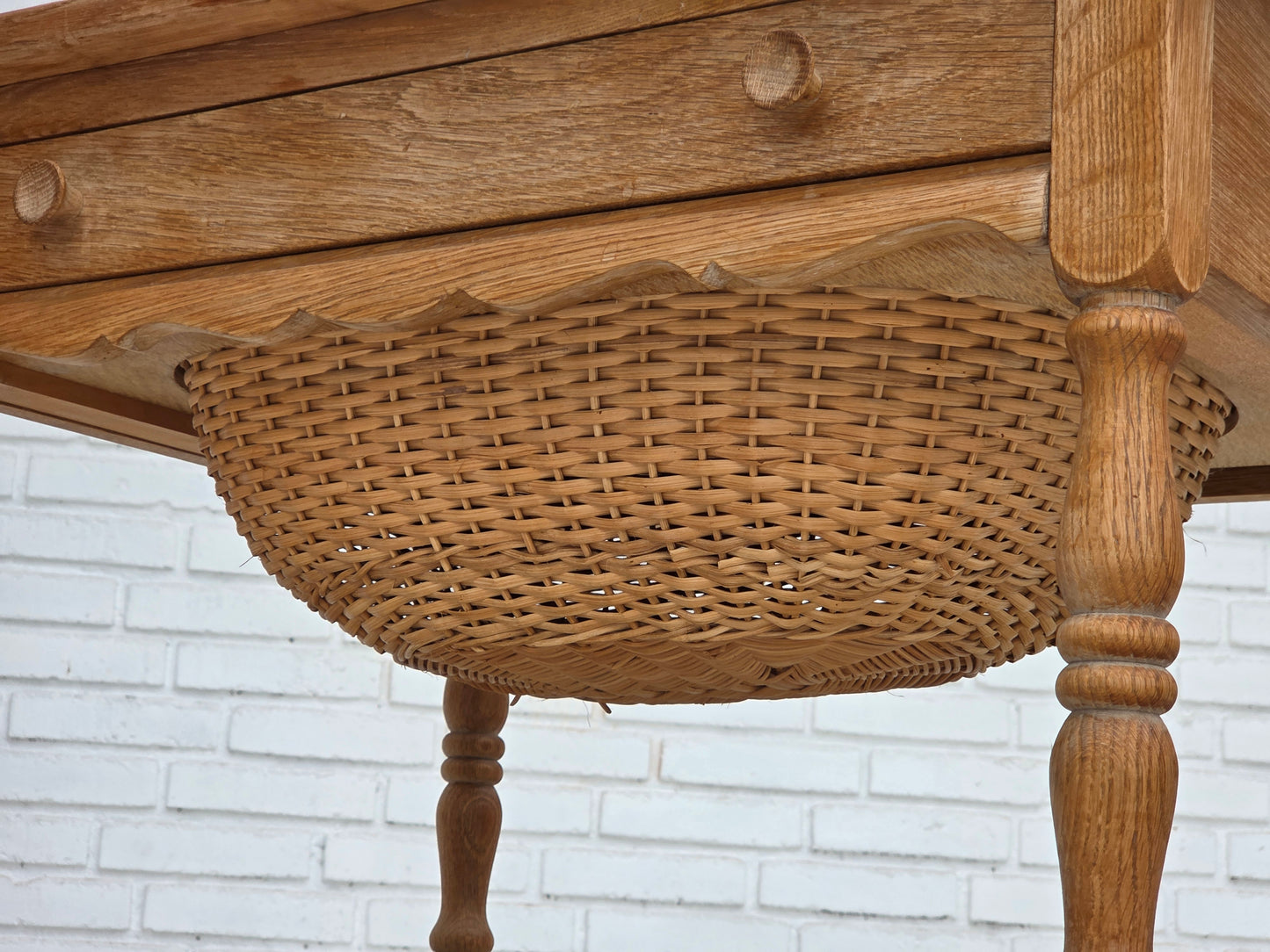 1970s, Scandinavian side table with drawers, solid oak wood, rattan.