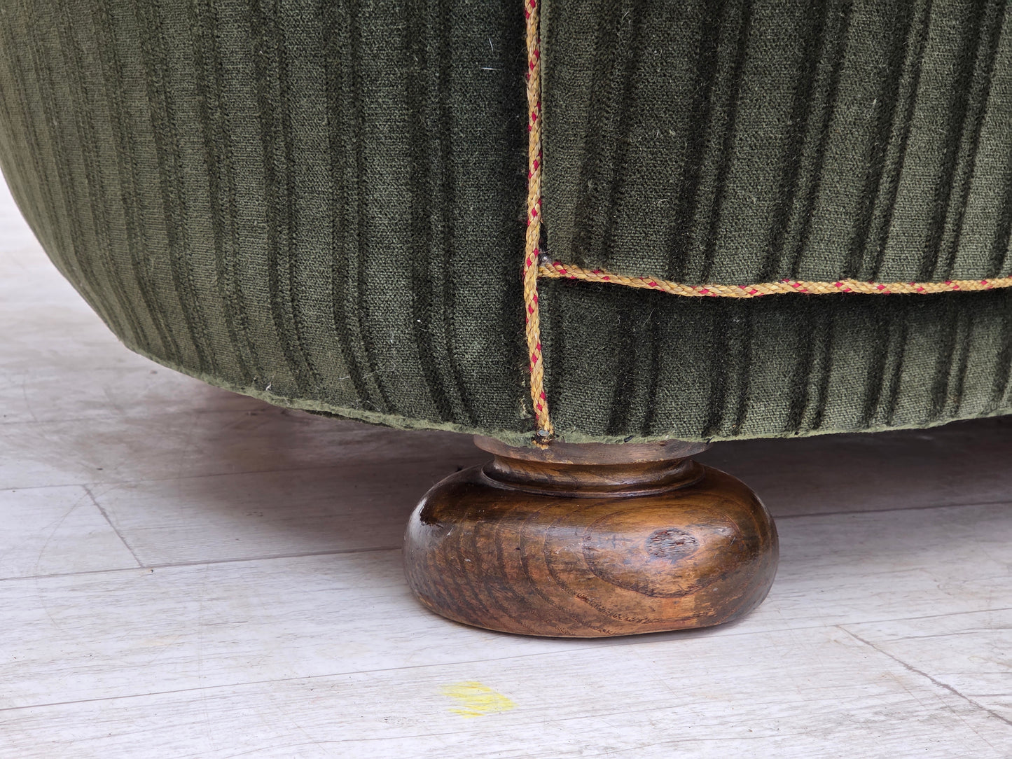 1960s, Danish 2-seater curved sofa, furniture velour, oak wood.