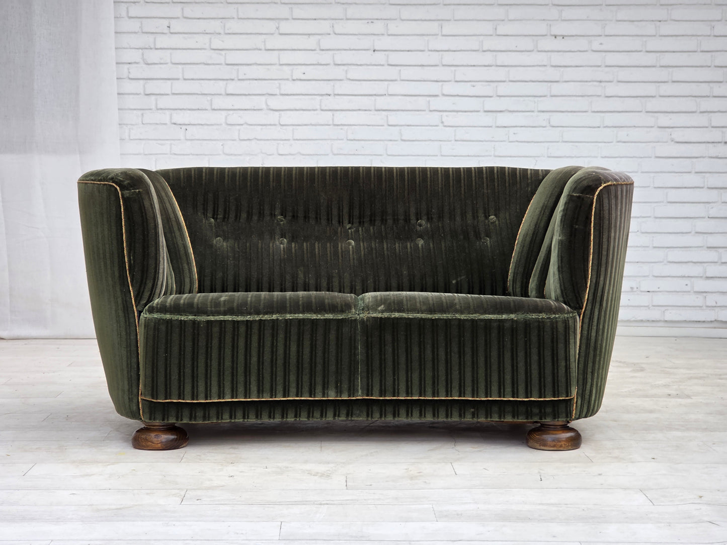 1960s, Danish 2-seater curved sofa, furniture velour, oak wood.