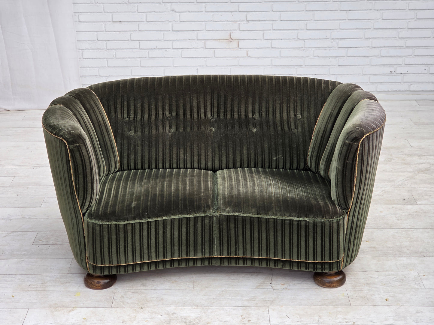 1960s, Danish 2-seater curved sofa, furniture velour, oak wood.