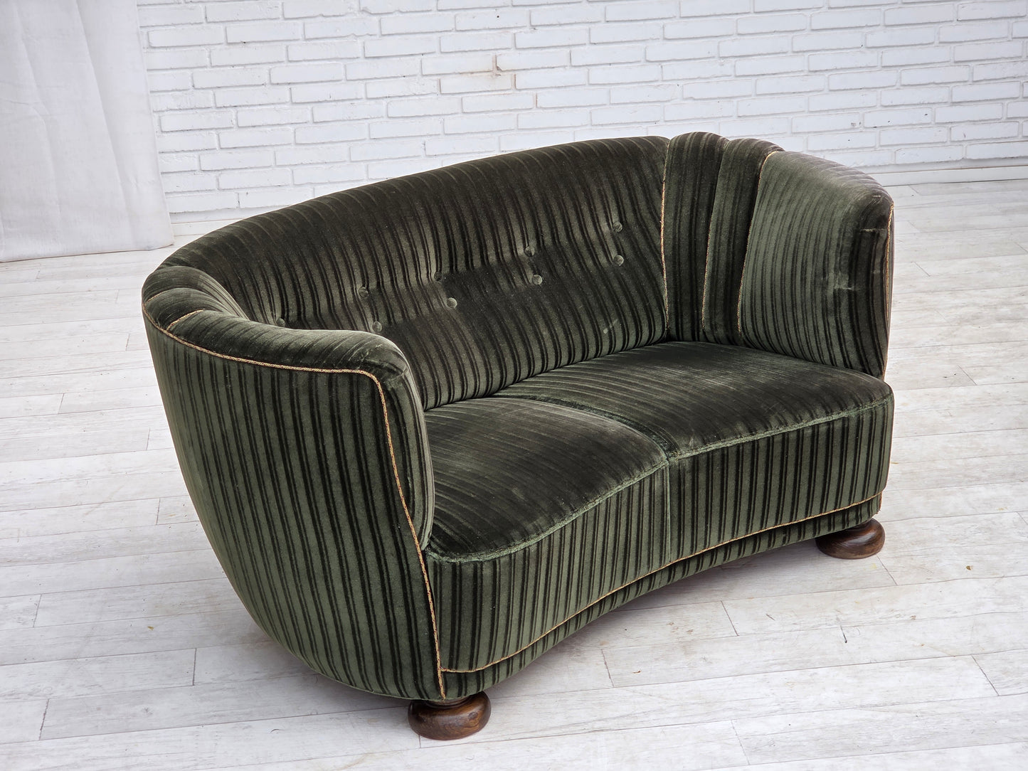 1960s, Danish 2-seater curved sofa, furniture velour, oak wood.