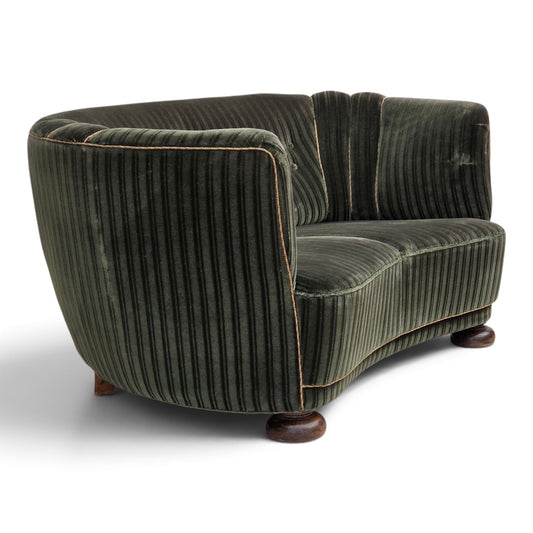 1960s, Danish 2-seater curved sofa, furniture velour, oak wood.