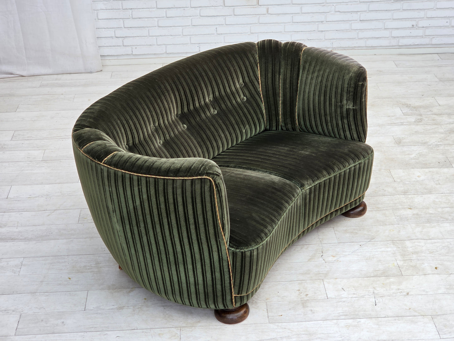 1960s, Danish 2-seater curved sofa, furniture velour, oak wood.