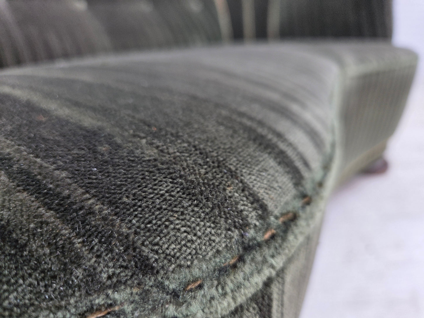 1960s, Danish 2-seater curved sofa, furniture velour, oak wood.
