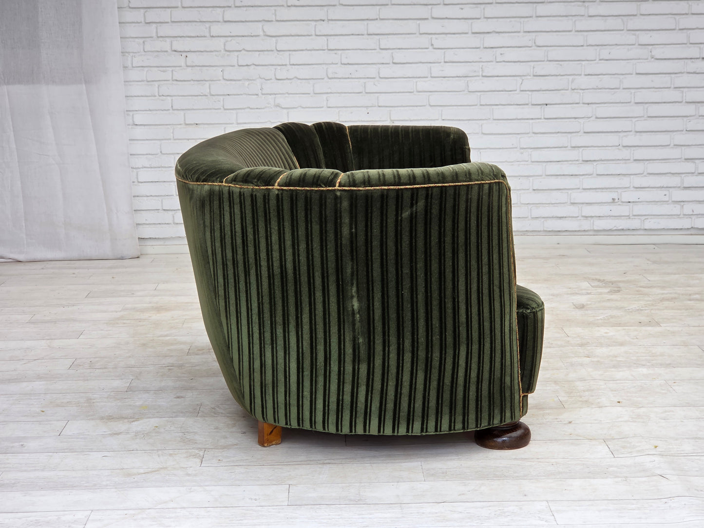1960s, Danish 2-seater curved sofa, furniture velour, oak wood.