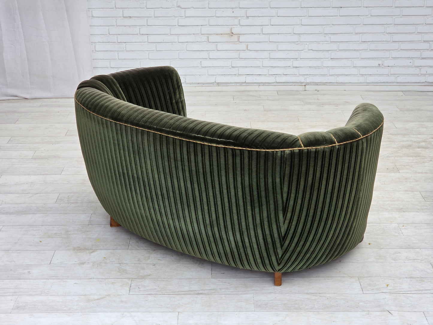1960s, Danish 2-seater curved sofa, furniture velour, oak wood.