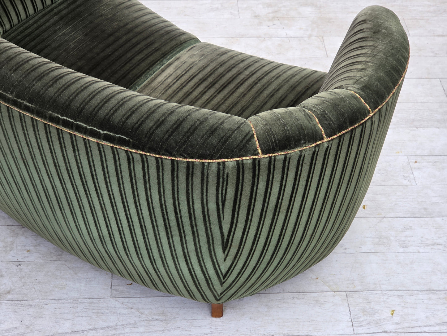 1960s, Danish 2-seater curved sofa, furniture velour, oak wood.