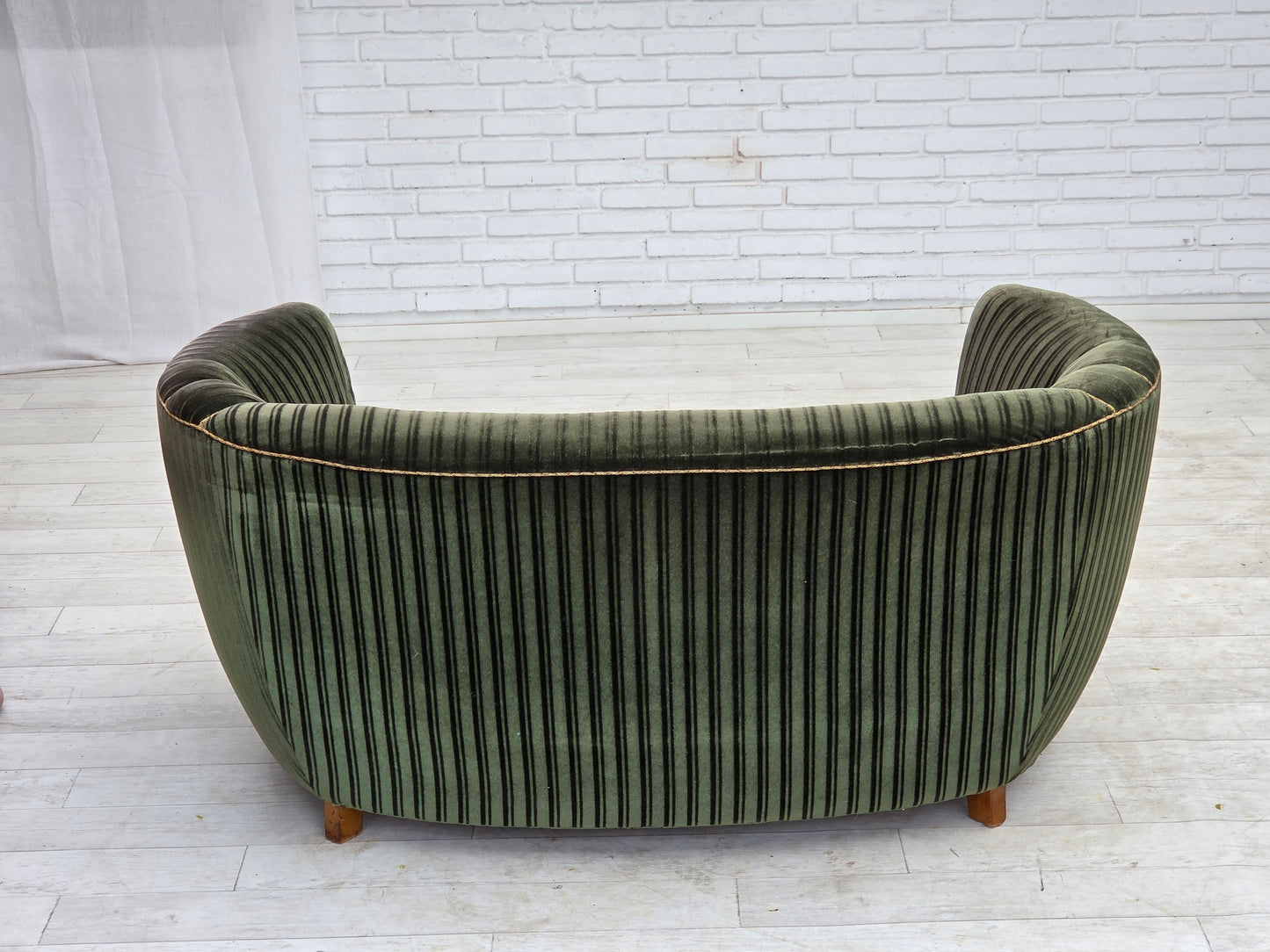 1960s, Danish 2-seater curved sofa, furniture velour, oak wood.