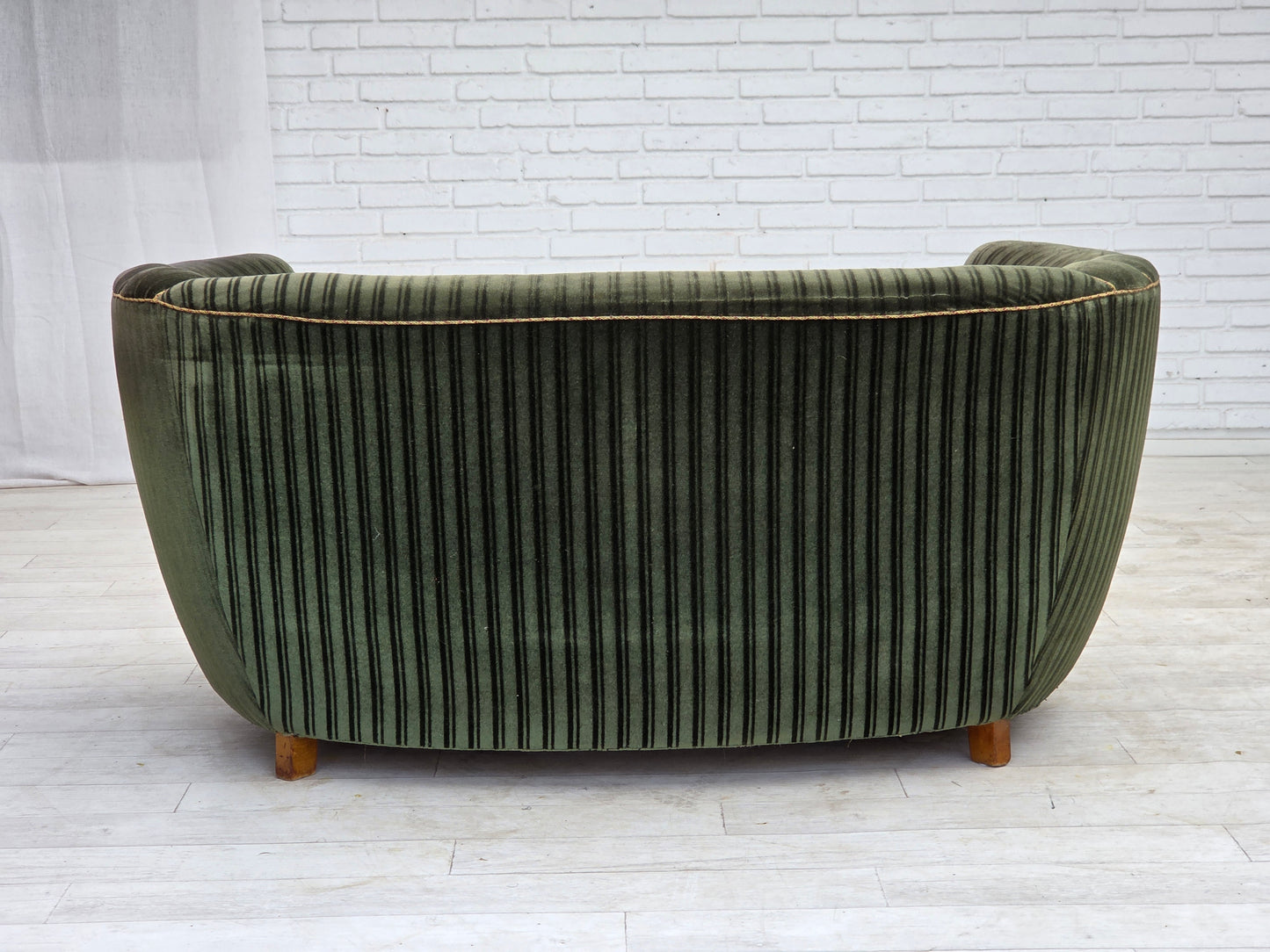 1960s, Danish 2-seater curved sofa, furniture velour, oak wood.