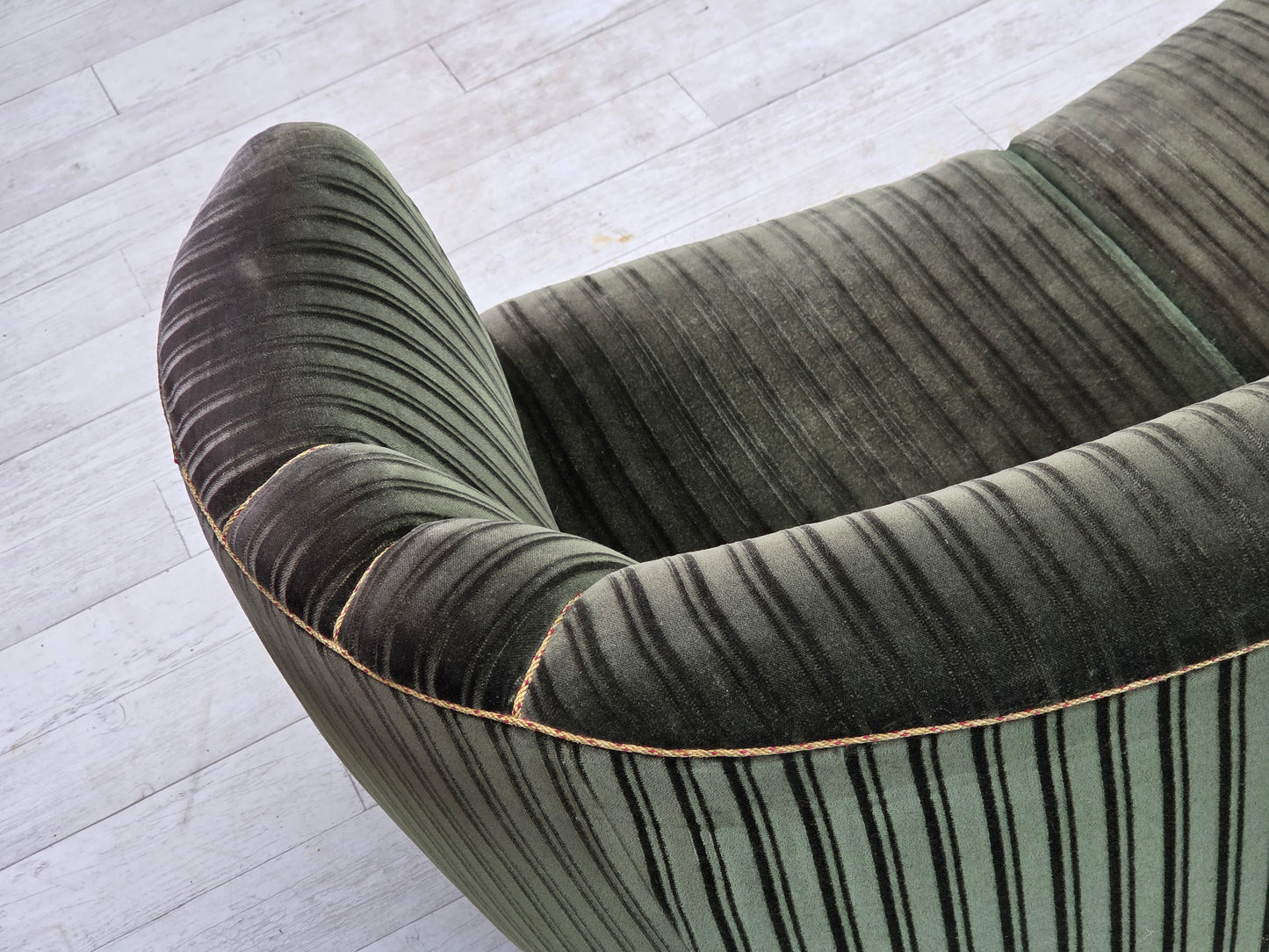 1960s, Danish 2-seater curved sofa, furniture velour, oak wood.