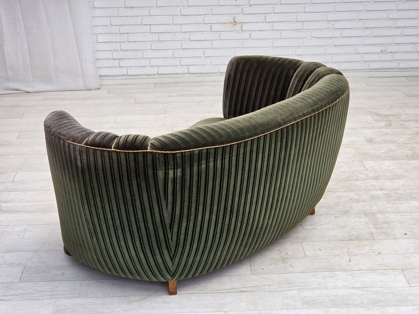 1960s, Danish 2-seater curved sofa, furniture velour, oak wood.
