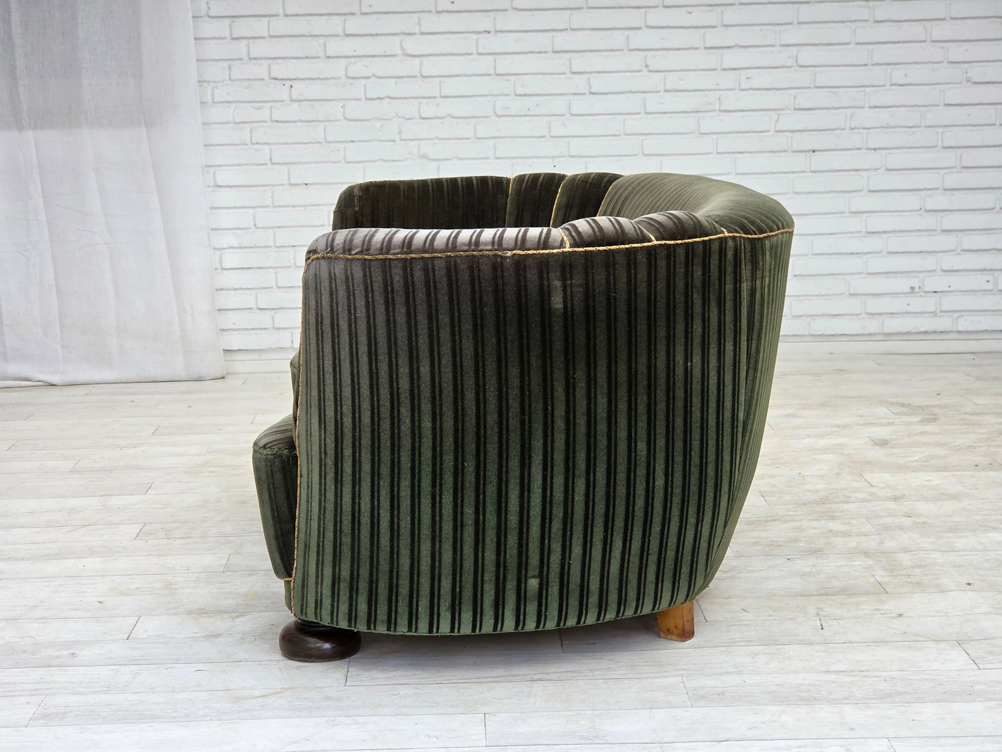 1960s, Danish 2-seater curved sofa, furniture velour, oak wood.