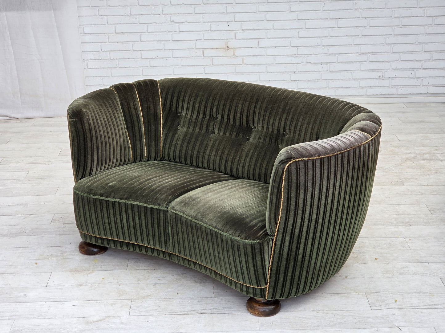 1960s, Danish 2-seater curved sofa, furniture velour, oak wood.