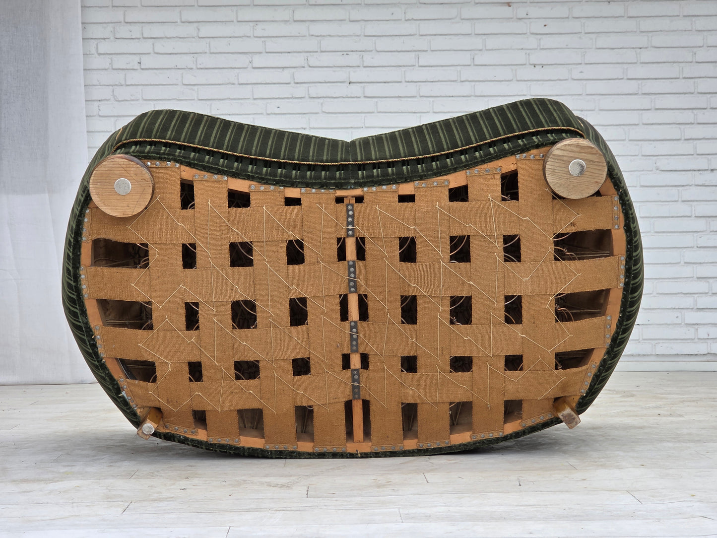 1960s, Danish 2-seater curved sofa, furniture velour, oak wood.