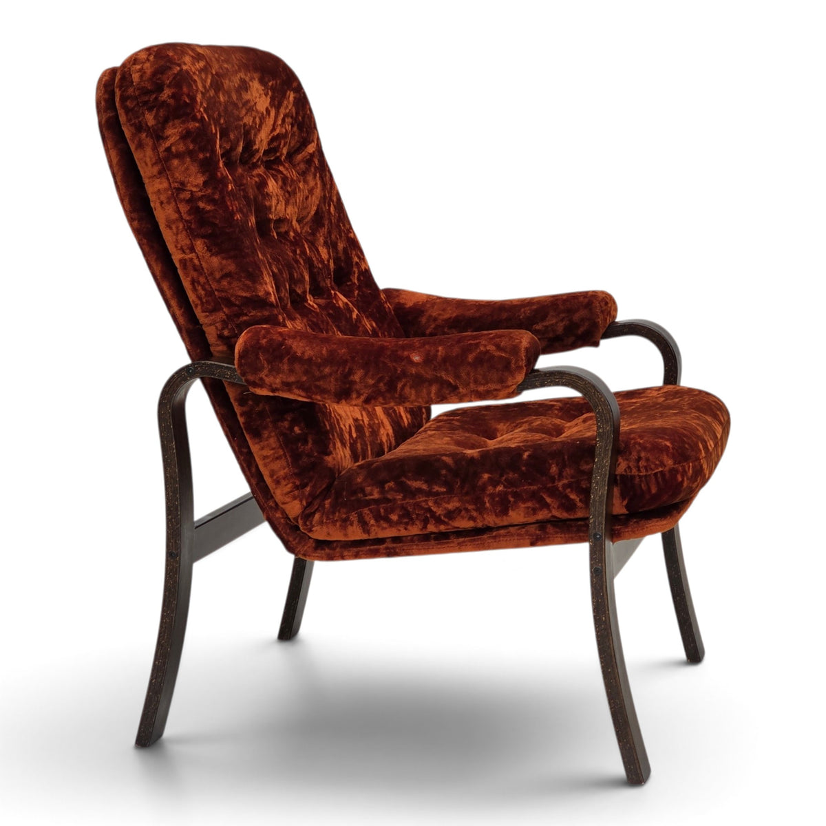 1970s, Danish vintage armchair, furniture velour, bent oak wood.
