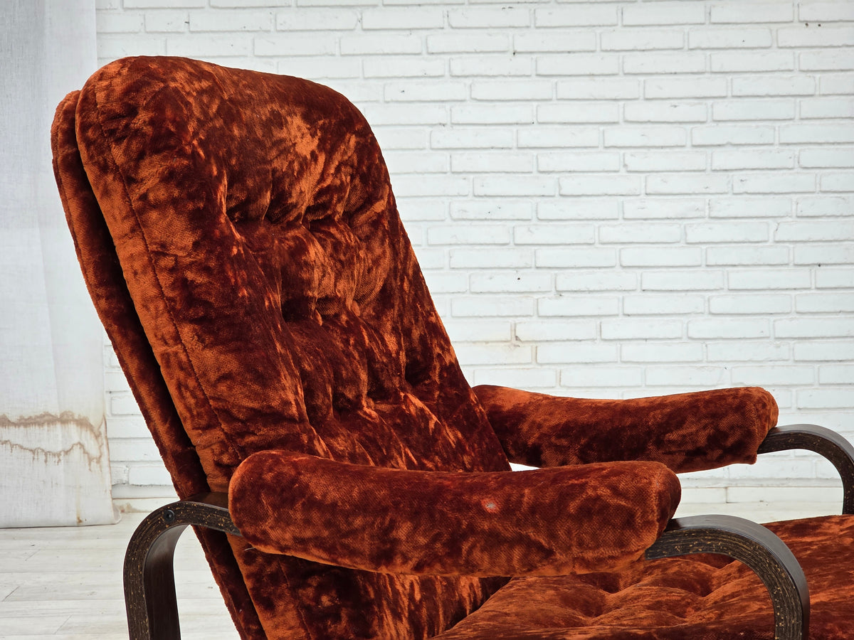 1970s, Danish vintage armchair, furniture velour, bent oak wood.