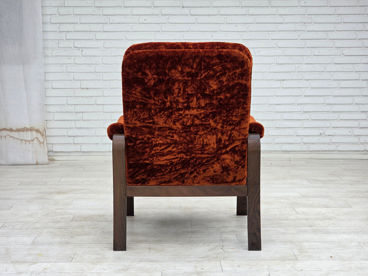 1970s, Danish vintage armchair, furniture velour, bent oak wood.