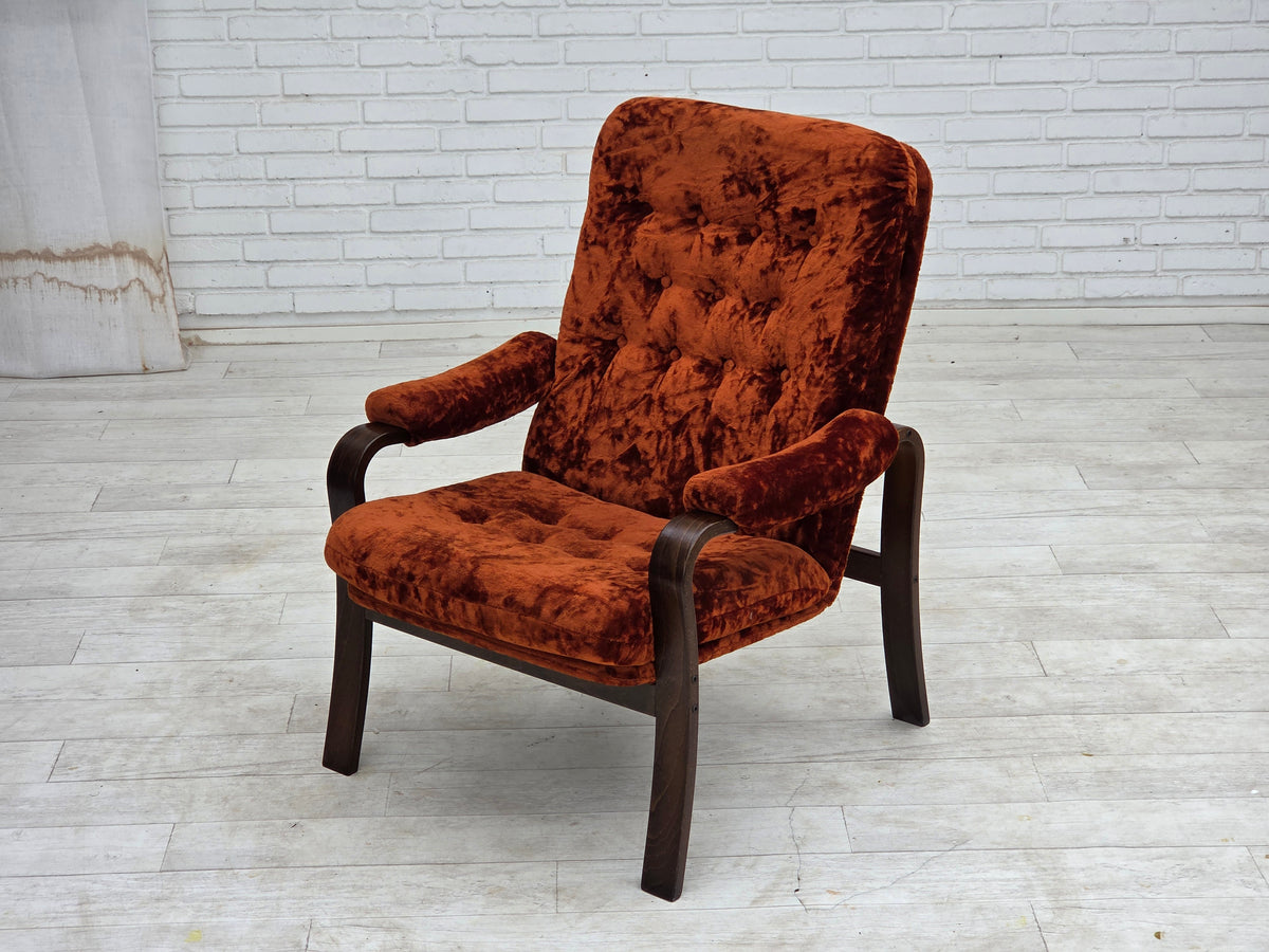 1970s, Danish vintage armchair, furniture velour, bent oak wood.