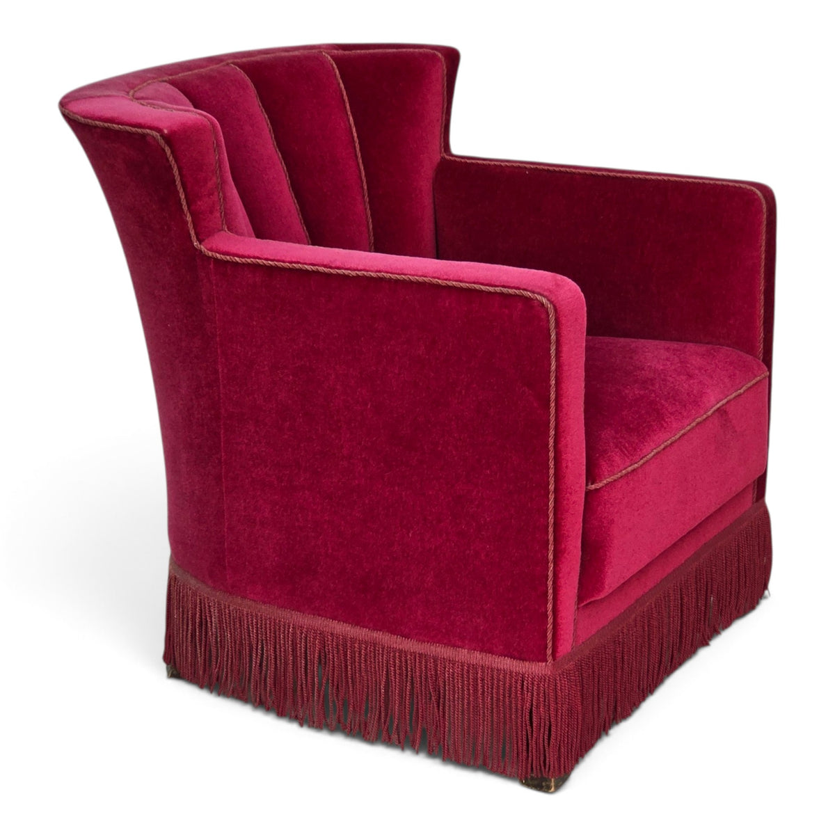 1960s, Danish relax armchair, red furniture velour, ash wood legs.