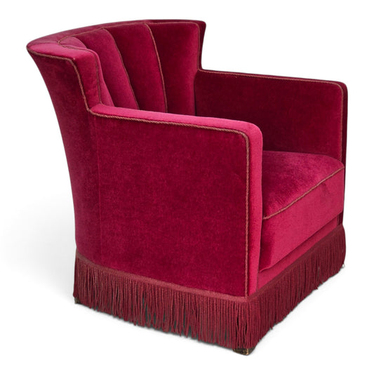 1960s, Danish relax armchair, red furniture velour, ash wood legs.